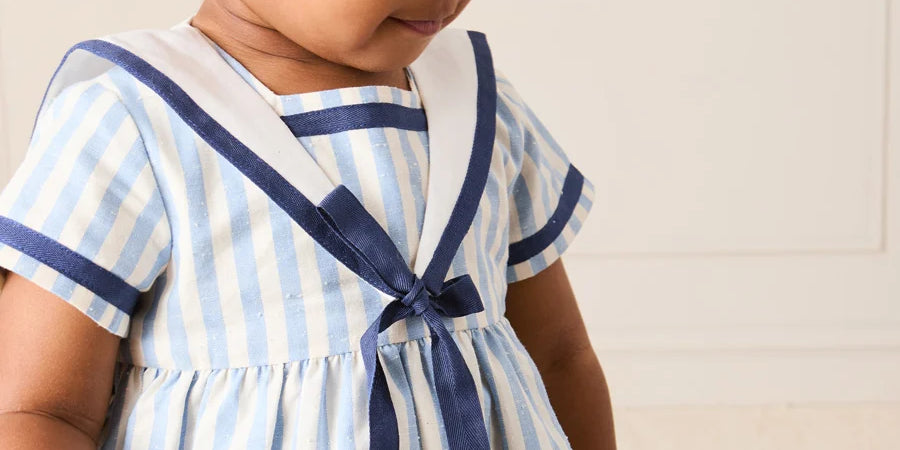 Regency Stripe Mariner Collar Bow Detail Romper in Blue (6mths-2yrs) ROMPERS from Pepa London