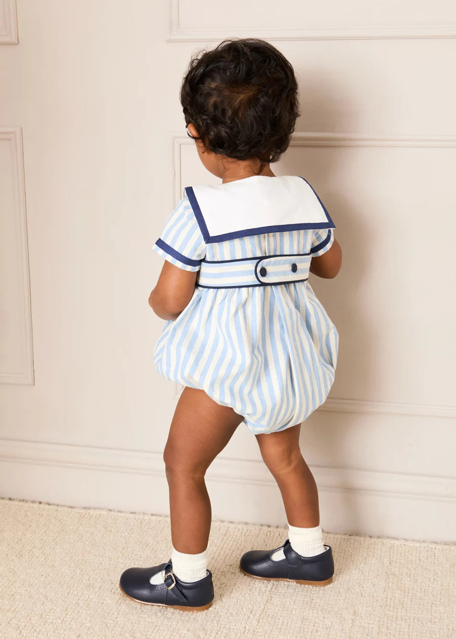 Regency Stripe Mariner Collar Bow Detail Romper in Blue (6mths-2yrs) Rompers from Pepa London