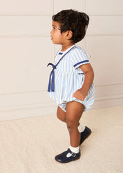 Regency Stripe Mariner Collar Bow Detail Romper in Blue (6mths-2yrs) Rompers from Pepa London