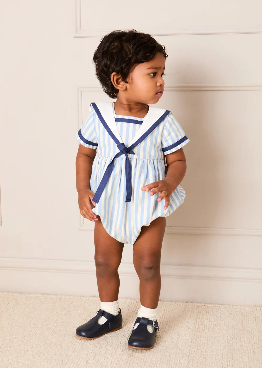 Regency Stripe Mariner Collar Bow Detail Romper in Blue (6mths-2yrs) Rompers from Pepa London