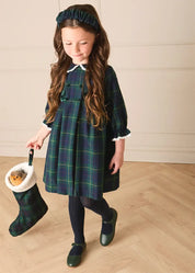 Radley Tartan Double Breasted Long Sleeve Velvet Bow Dress in Green (12mths-10yrs) Dresses from Pepa London