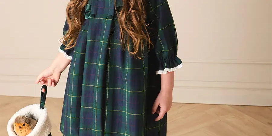 Radley Tartan Double Breasted Long Sleeve Velvet Bow Dress in Green (12mths-10yrs) Dresses from Pepa London