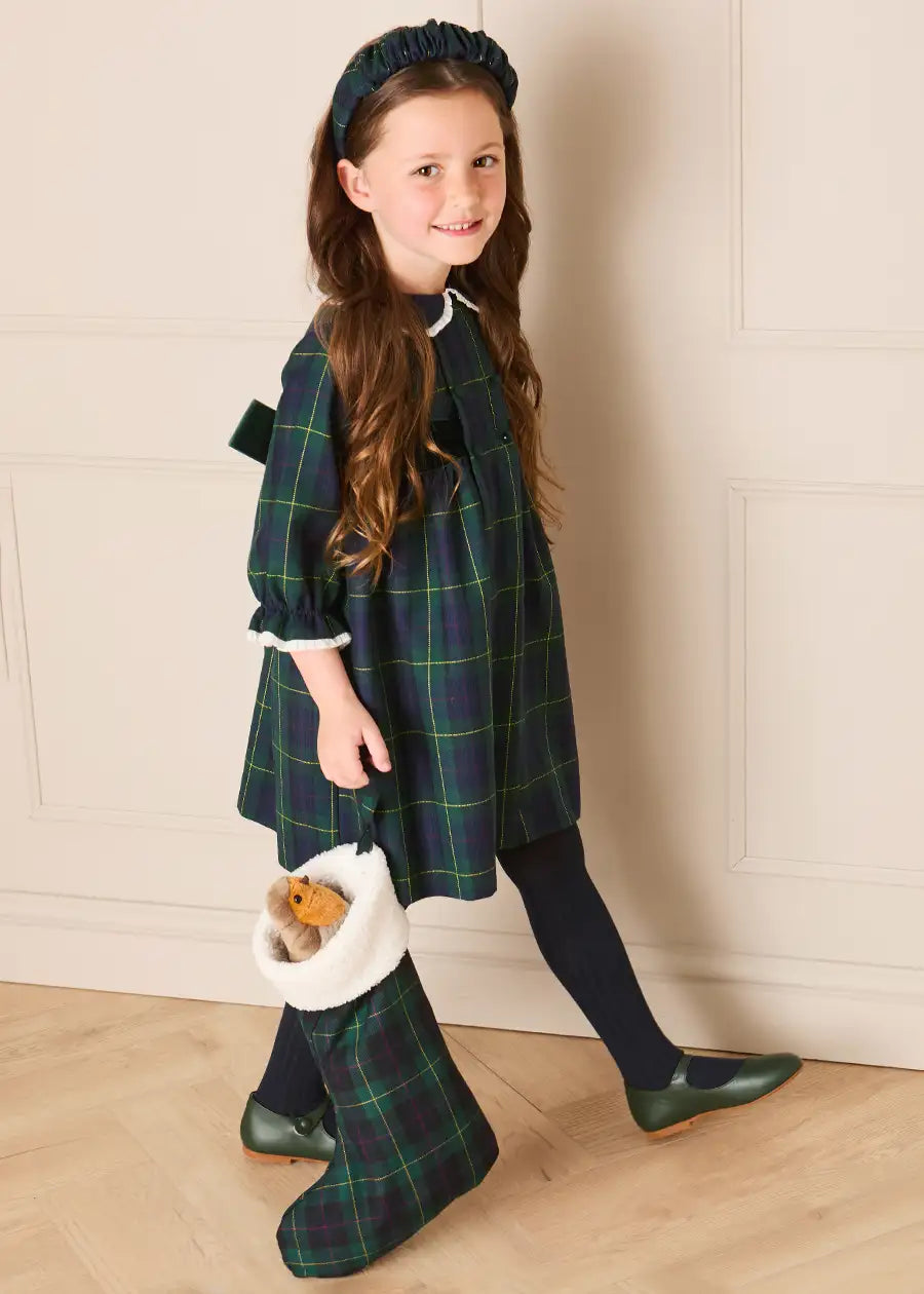 Radley Tartan Double Breasted Long Sleeve Velvet Bow Dress in Green (12mths-10yrs) Dresses from Pepa London