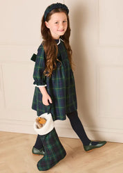 Radley Tartan Double Breasted Long Sleeve Velvet Bow Dress in Green (12mths-10yrs) Dresses from Pepa London