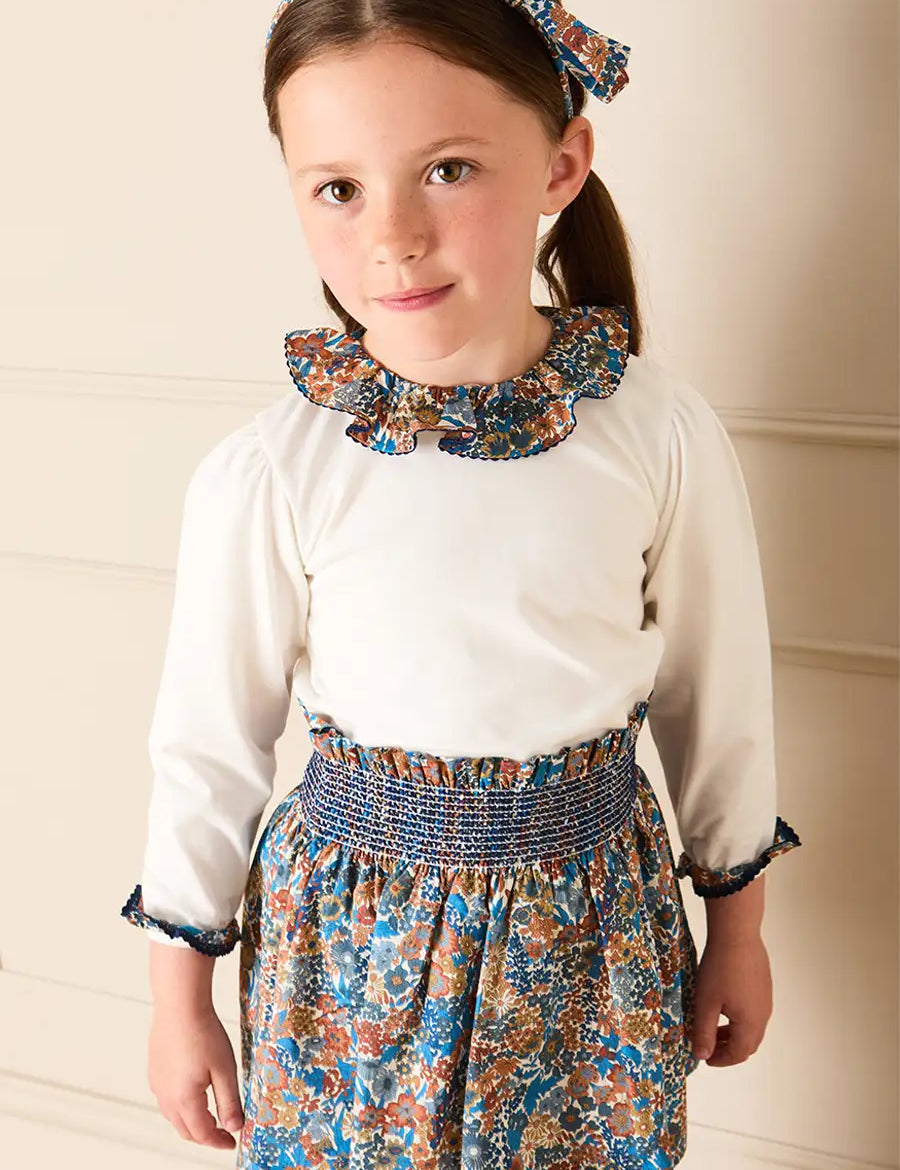 Margaret Annie Floral Ruffle Collar Top in Blue (2-10yrs) Tops & Bodysuits from Pepa London