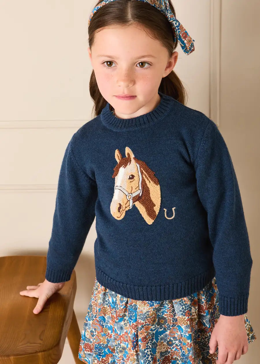 Horse Motif Jacquard Knitted Jumper in Navy (2-10yrs) Knitwear from Pepa London