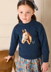 Horse Motif Jacquard Knitted Jumper in Navy (2-10yrs) Knitwear from Pepa London