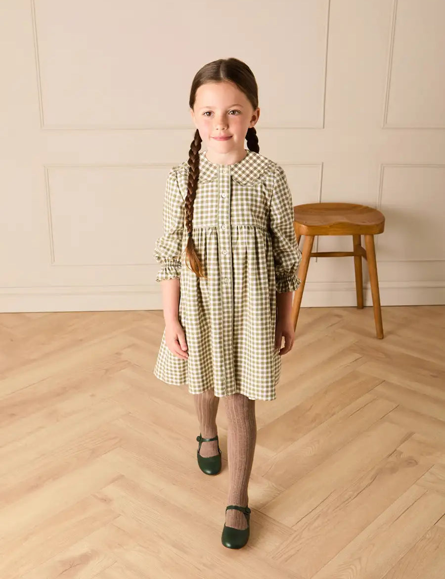 Westbury Gingham Long Sleeve Layered Collar Dress in Green (18mths-10yrs) Dresses from Pepa London