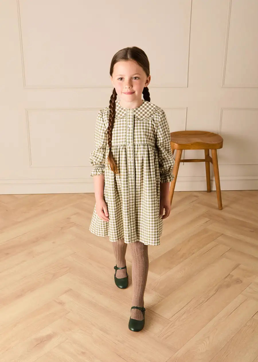 Westbury Gingham Long Sleeve Layered Collar Dress in Green (18mths-10yrs) Dresses from Pepa London