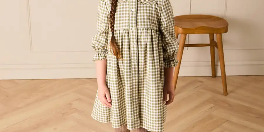 Westbury Gingham Long Sleeve Layered Collar Dress in Green (18mths-10yrs) Dresses from Pepa London