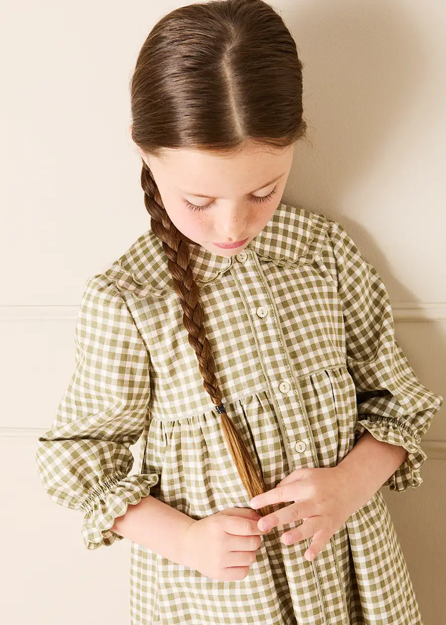 Westbury Gingham Long Sleeve Layered Collar Dress in Green (18mths-10yrs) Dresses from Pepa London
