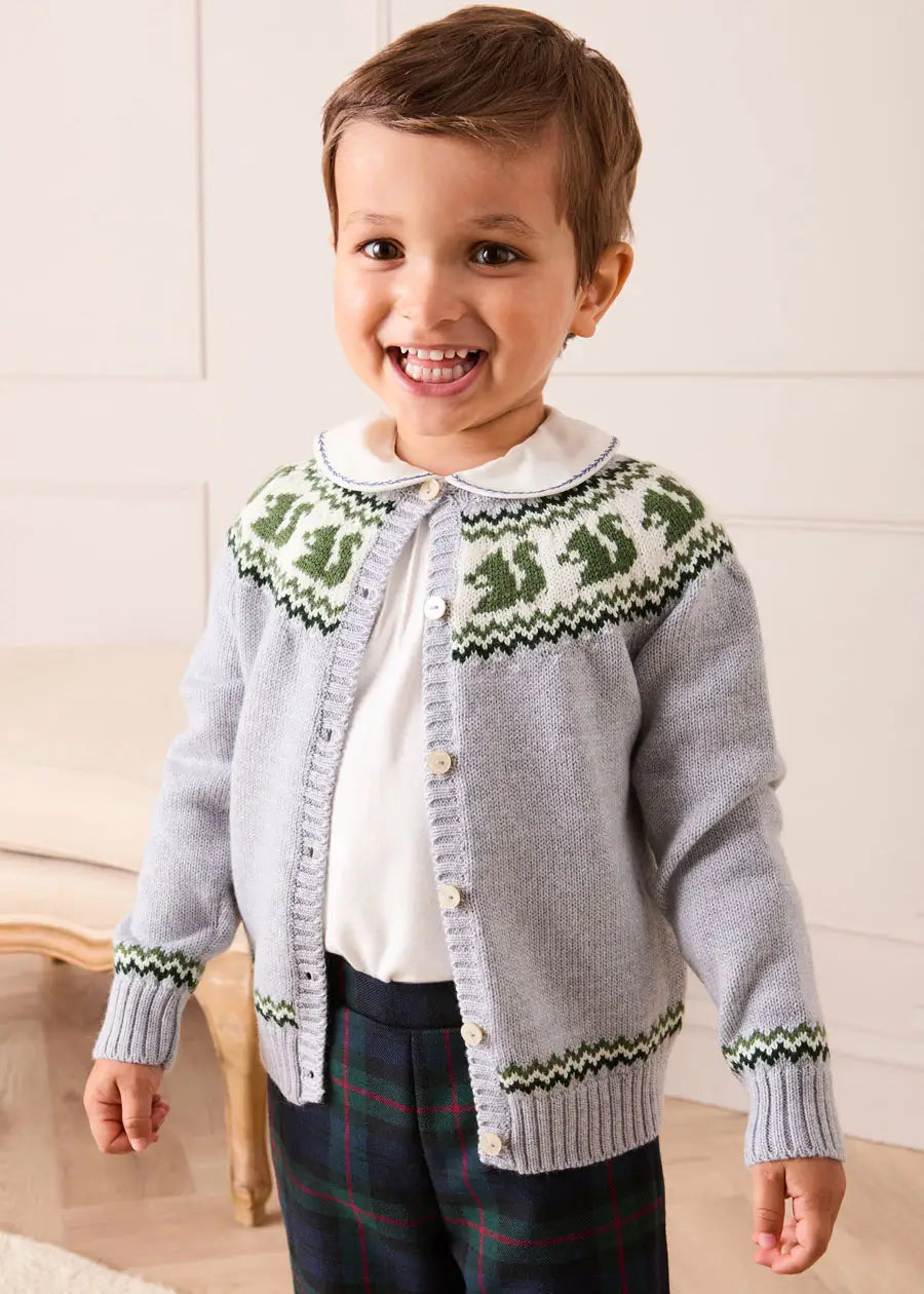 Squirrel Jacquard Knitted Cardigan in Grey (6mths-5yrs) Knitwear from Pepa London
