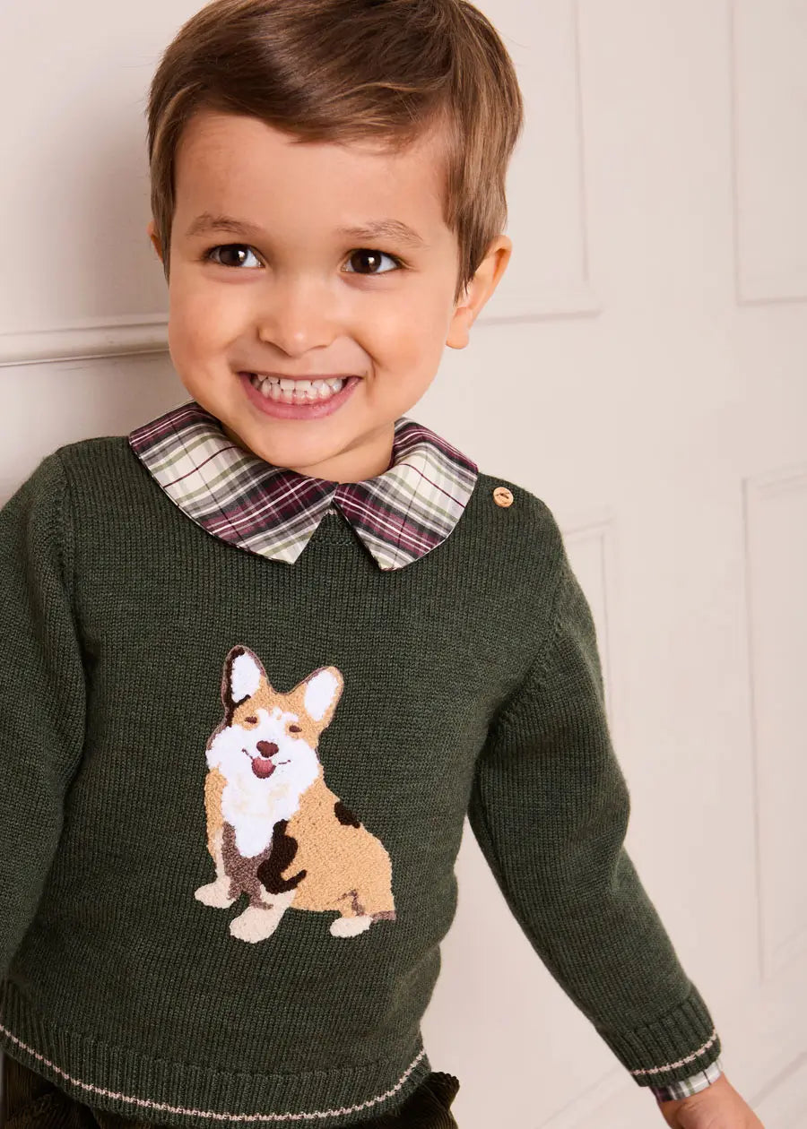 Corgi Embroidered Button Detail Jumper in Green (18mths-10yrs) Knitwear from Pepa London
