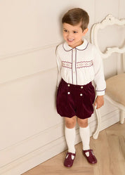 Velvet Hand Smocked Peter Pan Collar Two Piece Set in Burgundy (18mths-4yrs) TWO PIECE SETS from Pepa London
