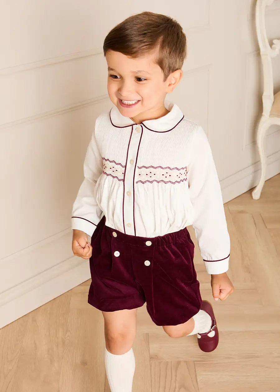 Velvet Hand Smocked Peter Pan Collar Two Piece Set in Burgundy (18mths-4yrs) TWO PIECE SETS from Pepa London