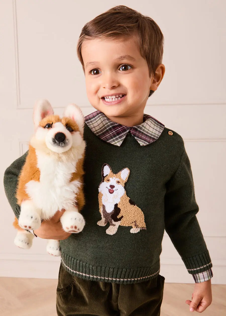 Corgi Embroidered Button Detail Jumper in Green (18mths-10yrs) Knitwear from Pepa London