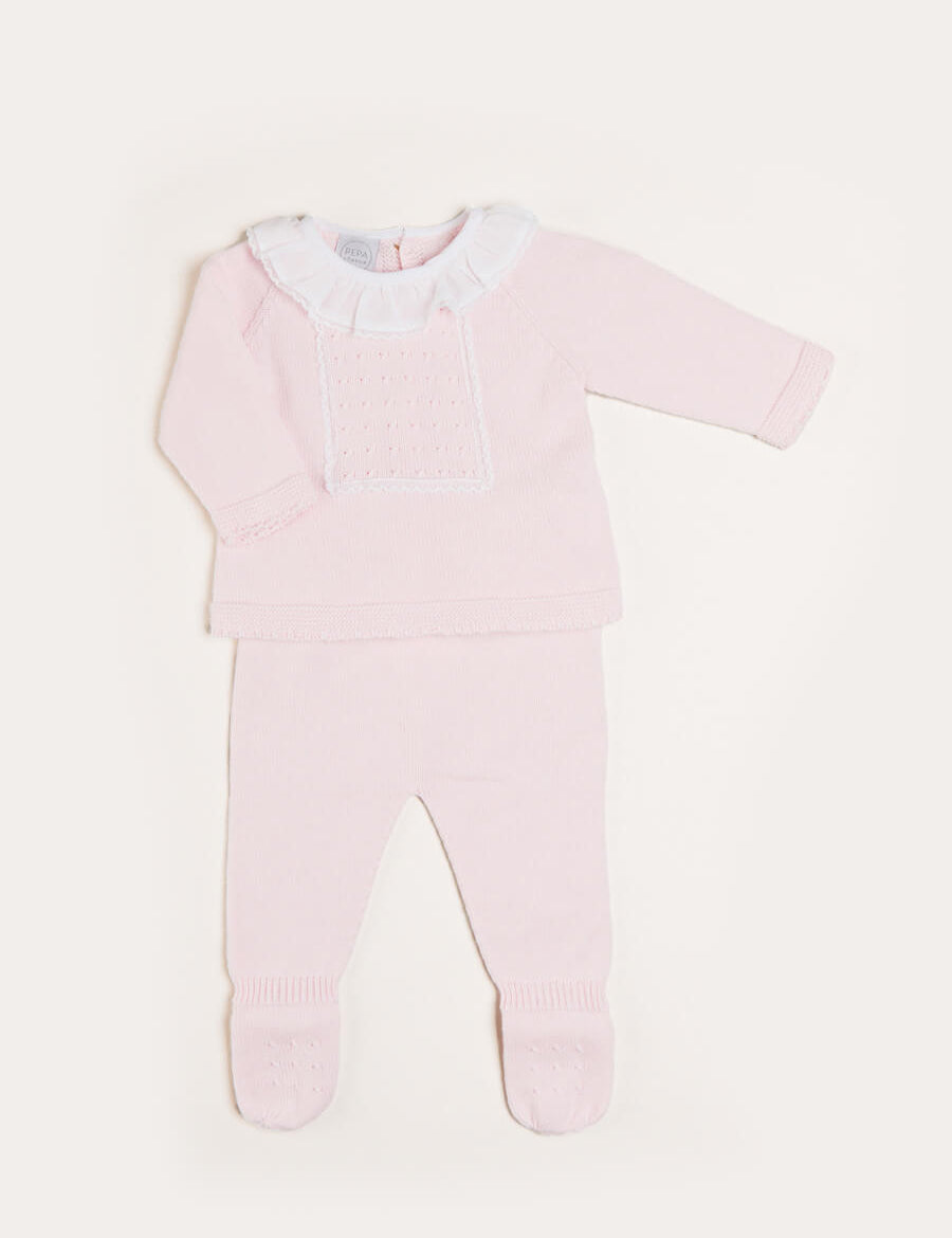Lace Trim Ruffle Collar Knitted Set in Pink (1-12mths) Knitted Sets from Pepa London
