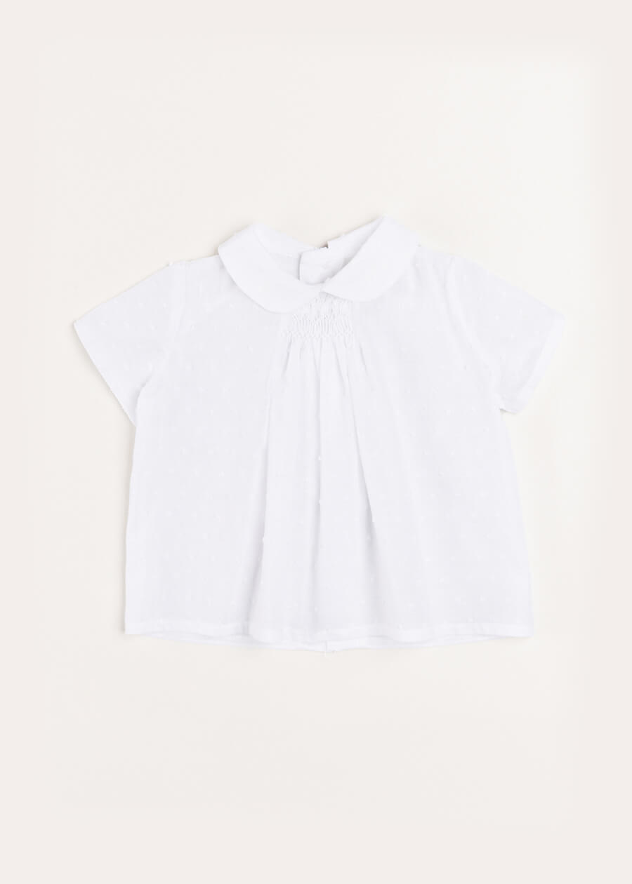 Plumetti Hand Smocked Short Sleeve Blouse in White (1-6mths) Blouses  from Pepa London