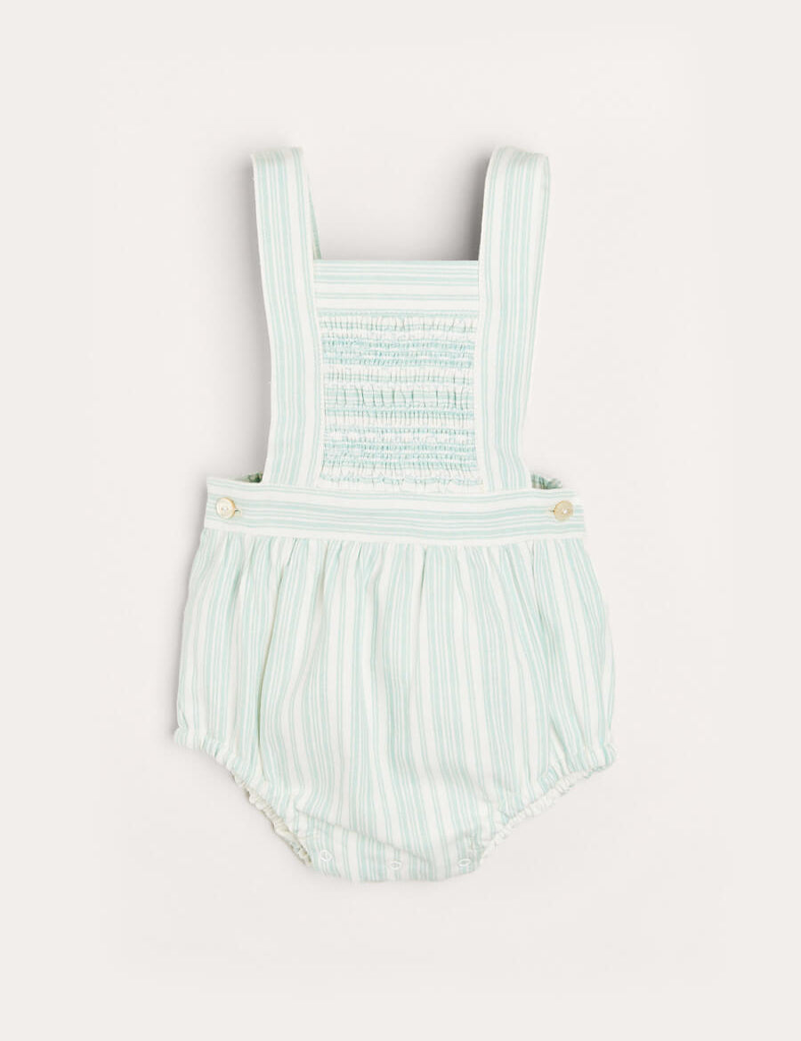 Striped Smocked Detail Dungaree Romper in Green (3-18mths) Rompers  from Pepa London