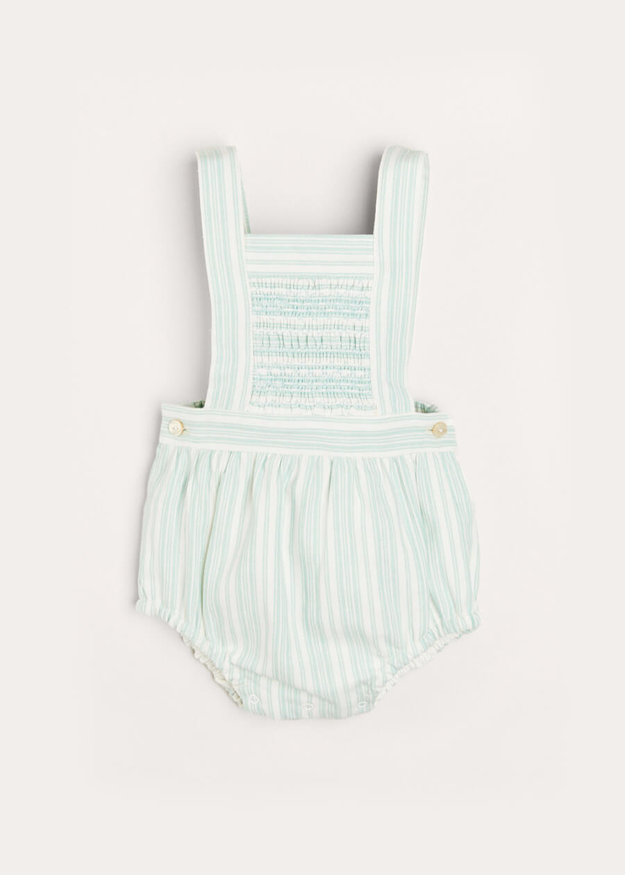 Striped Smocked Detail Dungaree Romper in Green (3-18mths) Rompers  from Pepa London