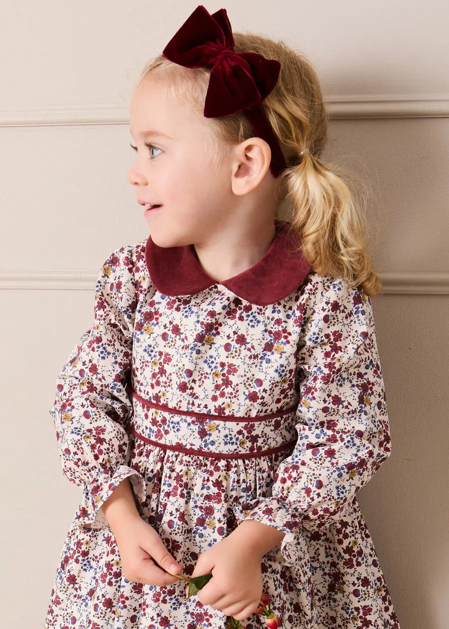 Louisa Floral Velvet Collar Long Sleeve Dress in Burgundy (18mths-10yrs) Dresses from Pepa London