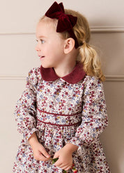 Louisa Floral Velvet Collar Long Sleeve Dress in Burgundy (18mths-10yrs) Dresses from Pepa London