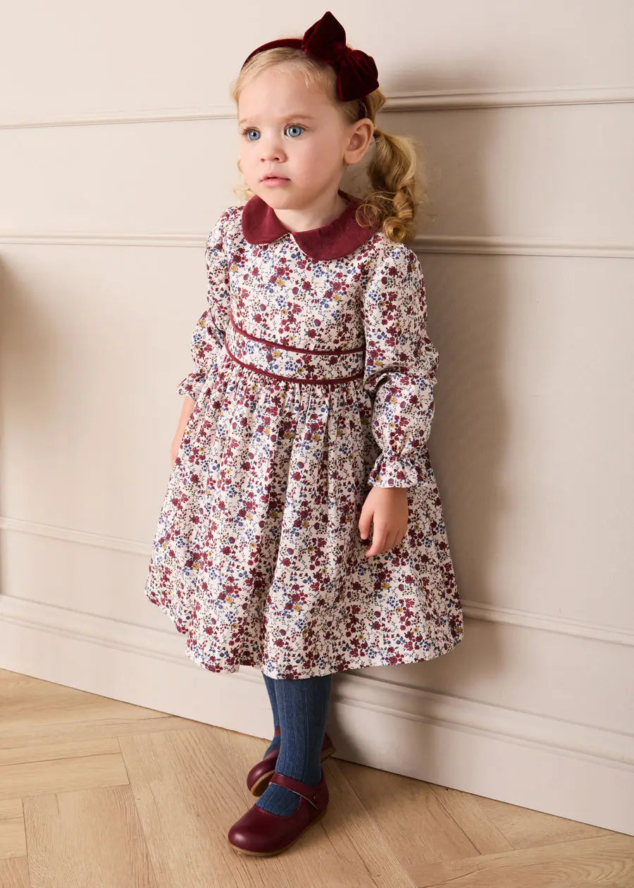 Louisa Floral Velvet Collar Long Sleeve Dress in Burgundy (18mths-10yrs) Dresses from Pepa London