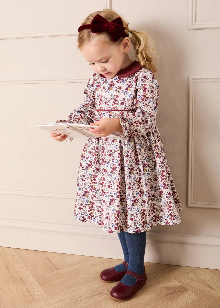 Louisa Floral Velvet Collar Long Sleeve Dress in Burgundy (18mths-10yrs) Dresses from Pepa London