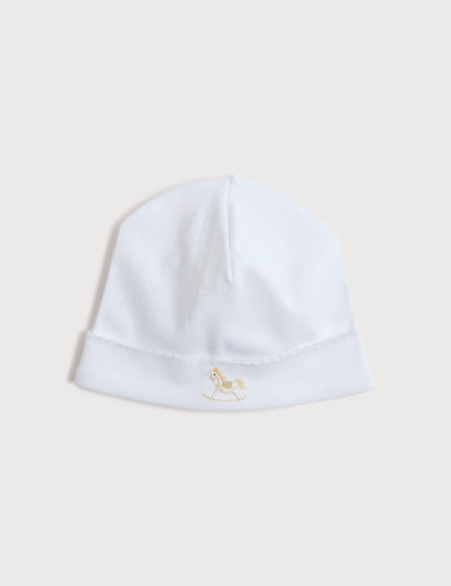 Newborn Bonnet with Rocking Horse Embroidery Beige (0-3mths) Knitted Accessories  from Pepa London