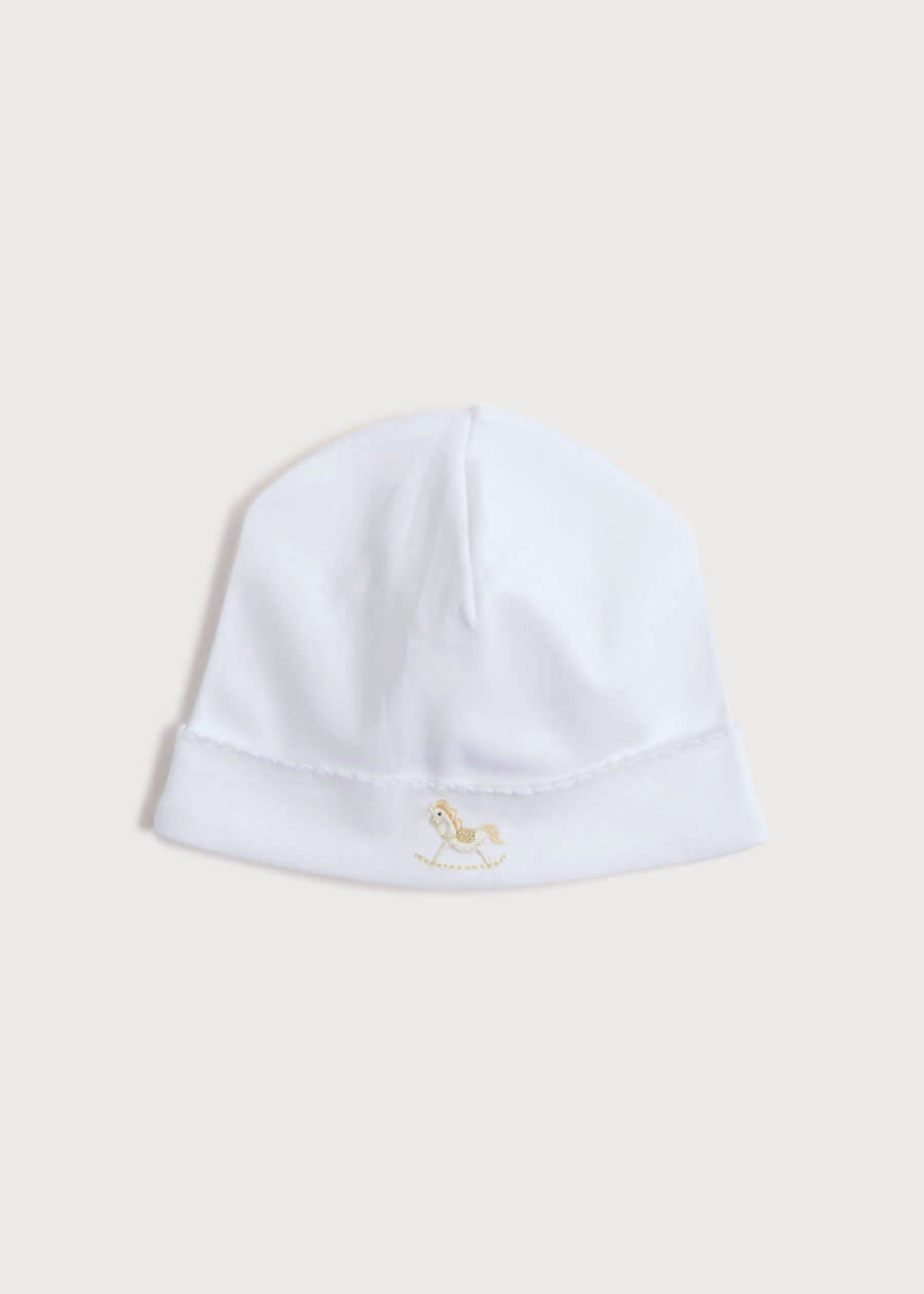 Newborn Bonnet with Rocking Horse Embroidery Beige (0-3mths) Knitted Accessories  from Pepa London
