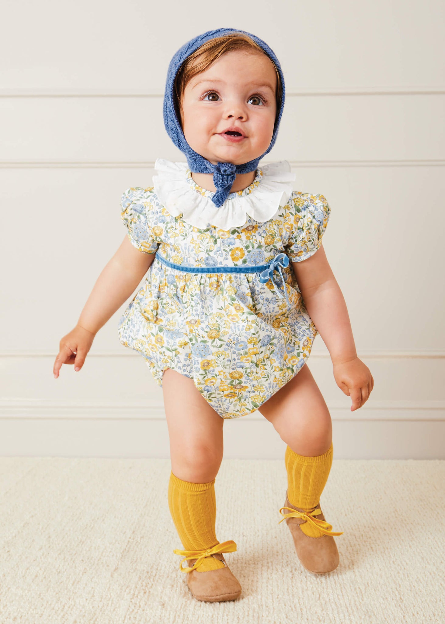 Floral Ruffle Collar Short Sleeve Romper In Mustard (6mths-2yrs) ROMPERS  from Pepa London