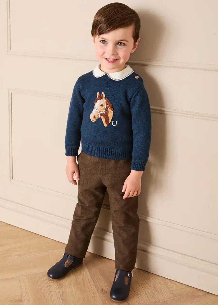 Horse Motif Jacquard Knitted Jumper in Navy (2-10yrs) Knitwear from Pepa London