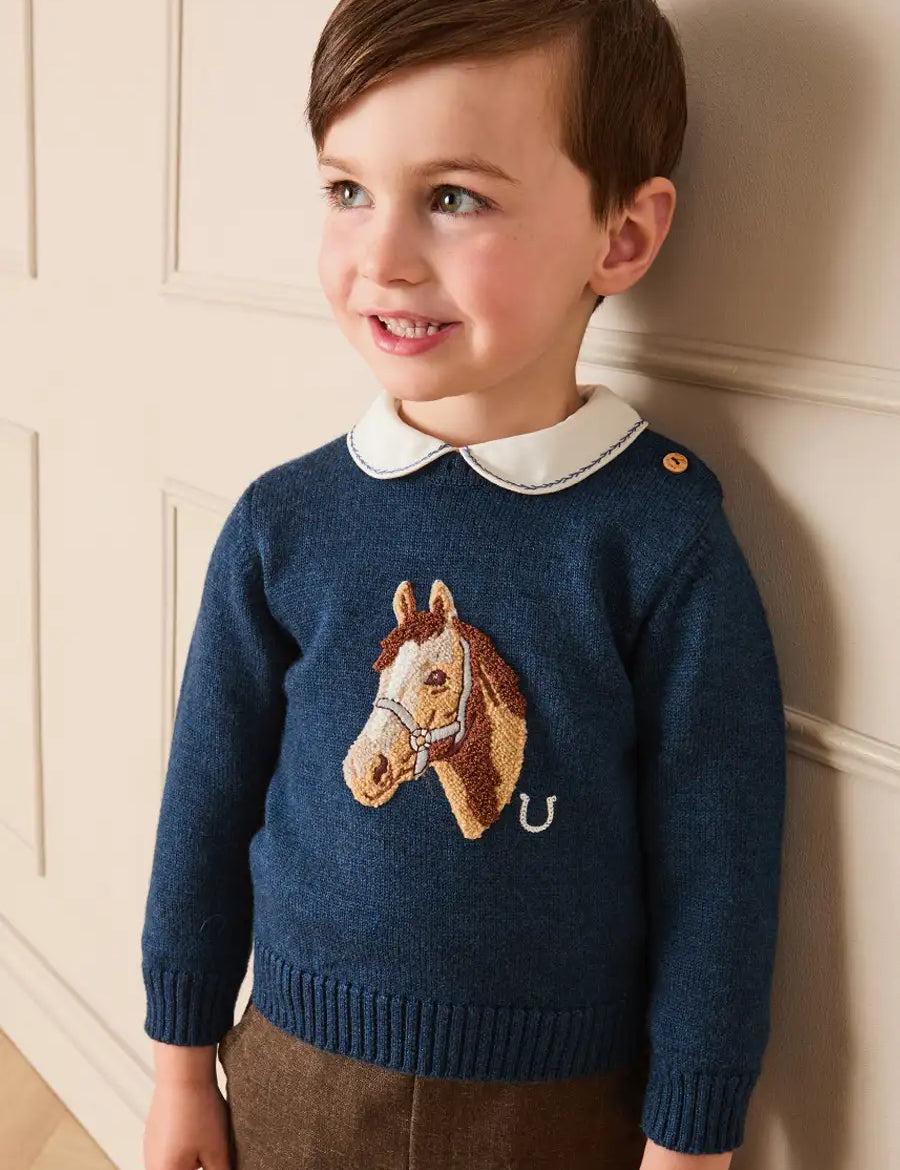 Horse Motif Jacquard Knitted Jumper in Navy (2-10yrs) Knitwear from Pepa London