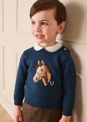 Horse Motif Jacquard Knitted Jumper in Navy (2-10yrs) Knitwear from Pepa London