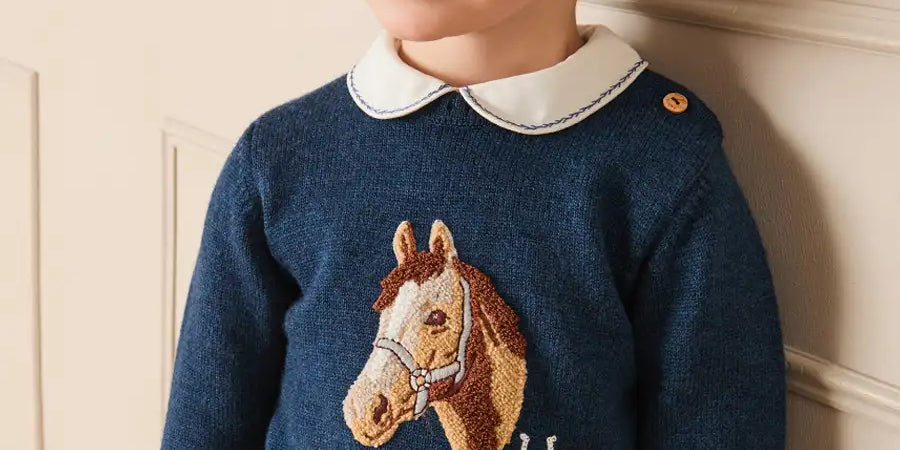 Horse Motif Jacquard Knitted Jumper in Navy (2-10yrs) Knitwear from Pepa London