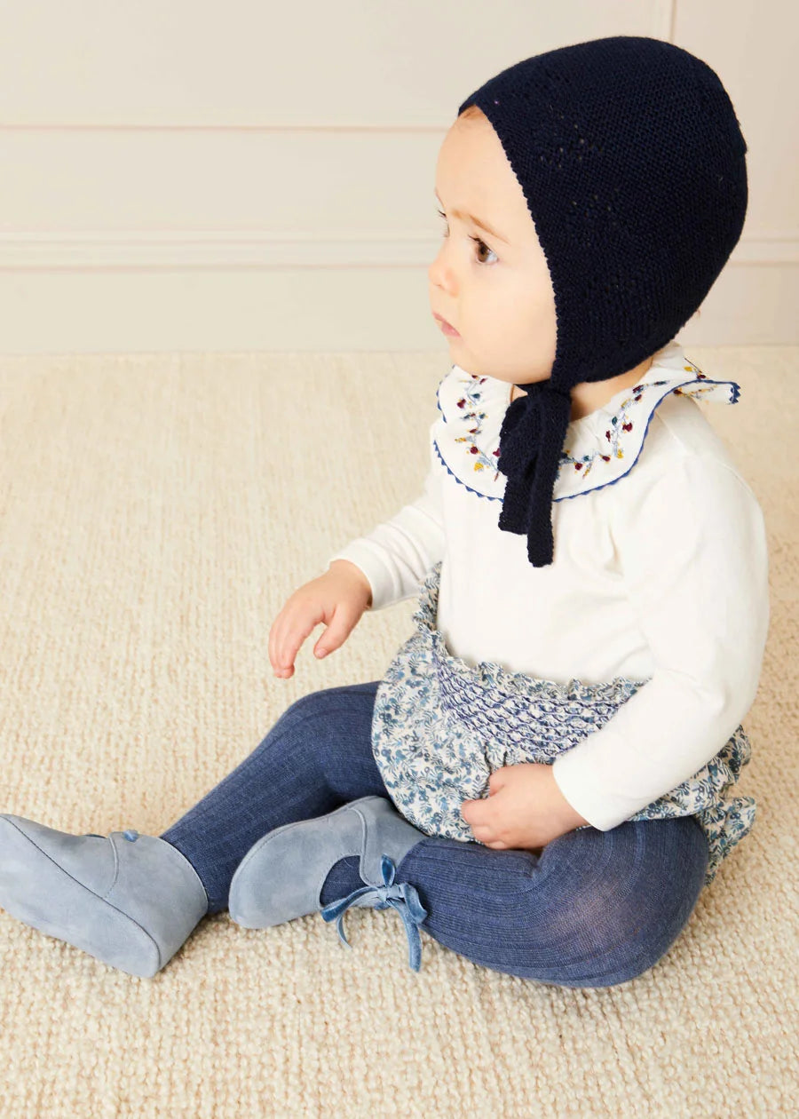 Floral Embroidered Collar Long Sleeve Bodysuit in Blue (1mth-3yrs) Tops & Bodysuits  from Pepa London