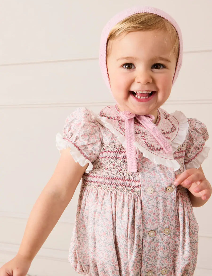 Adelaide Floral Hand Smocked Hand Smocked Romper in Pink (3mths-2yrs) Rompers from Pepa London