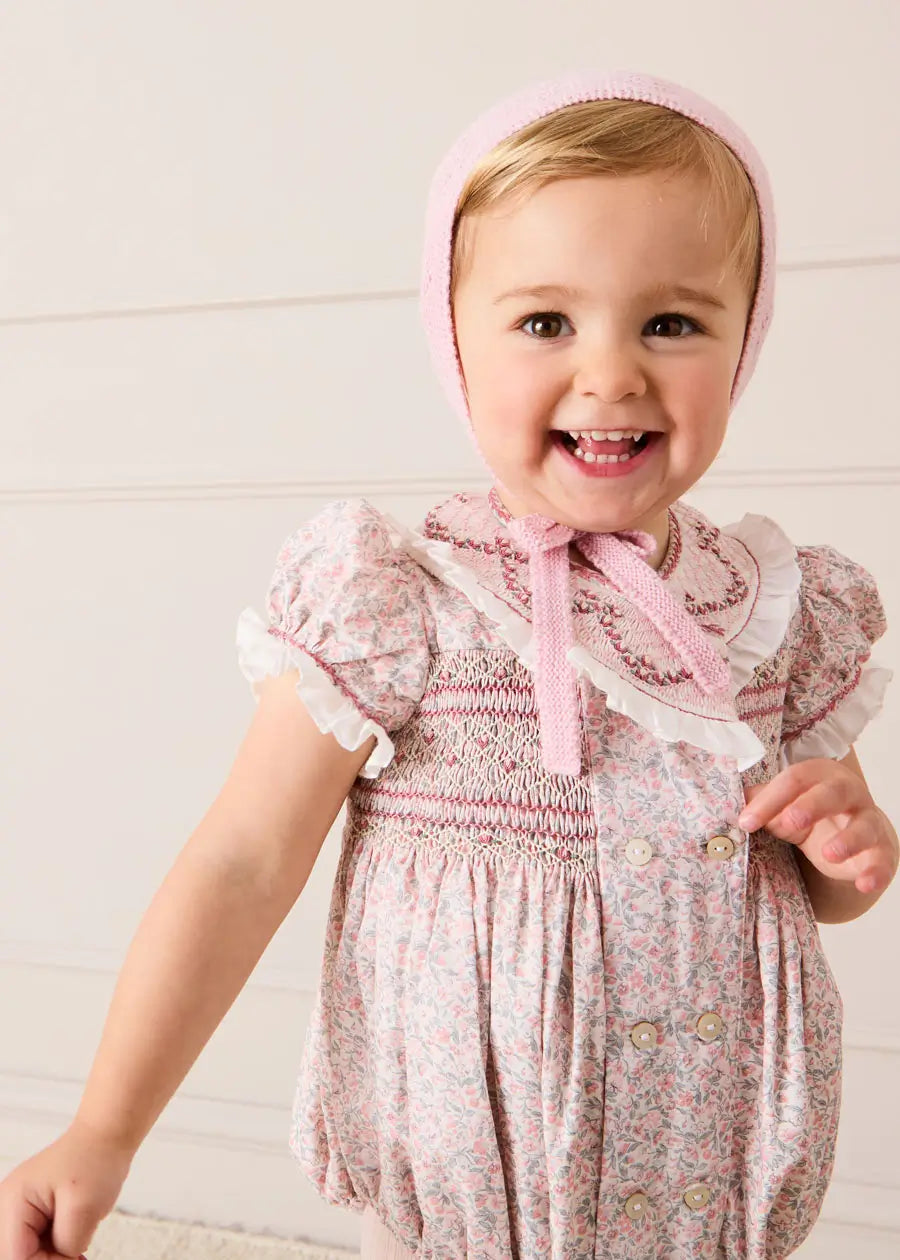 Adelaide Floral Hand Smocked Hand Smocked Romper in Pink (3mths-2yrs) Rompers from Pepa London