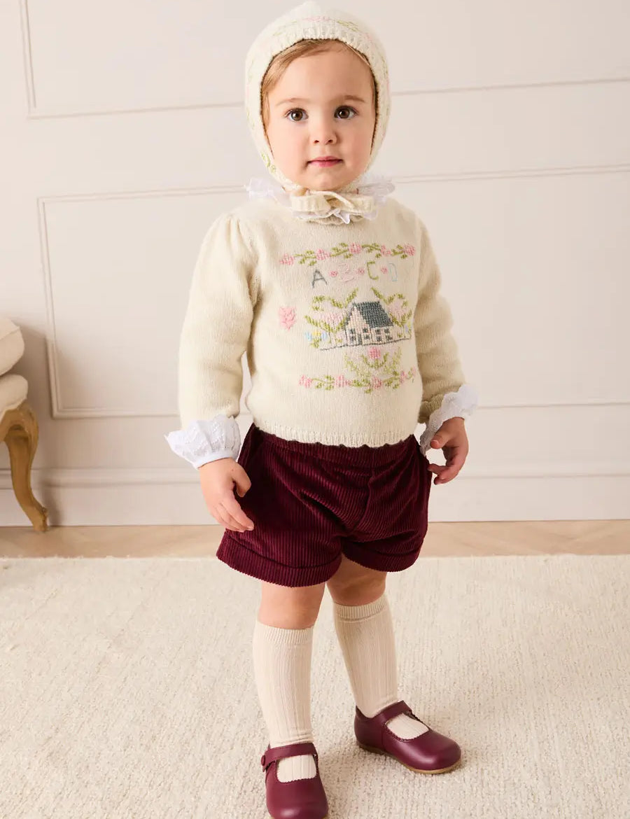 Alpaca Wool Cottage Cross Stitch Embroidered Jumper in Cream (6mths-4yrs) Knitwear from Pepa London