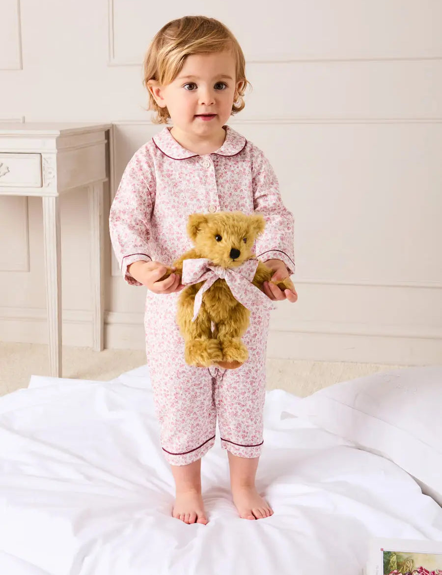 Jane Floral Long Sleeve All In One Pyjamas with Burgundy Piping in Pink (6mths-3yrs) NIGHTWEAR from Pepa London