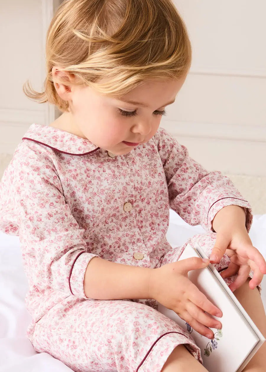 Jane Floral Long Sleeve All In One Pyjamas with Burgundy Piping in Pink (6mths-3yrs) #N/A from Pepa London