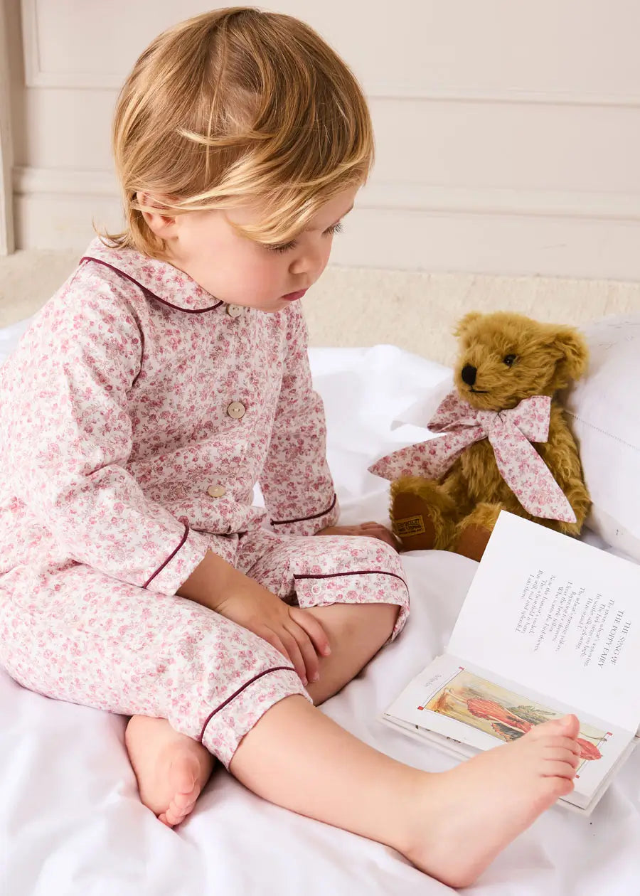 Jane Floral Long Sleeve All In One Pyjamas with Burgundy Piping in Pink (6mths-3yrs) #N/A from Pepa London