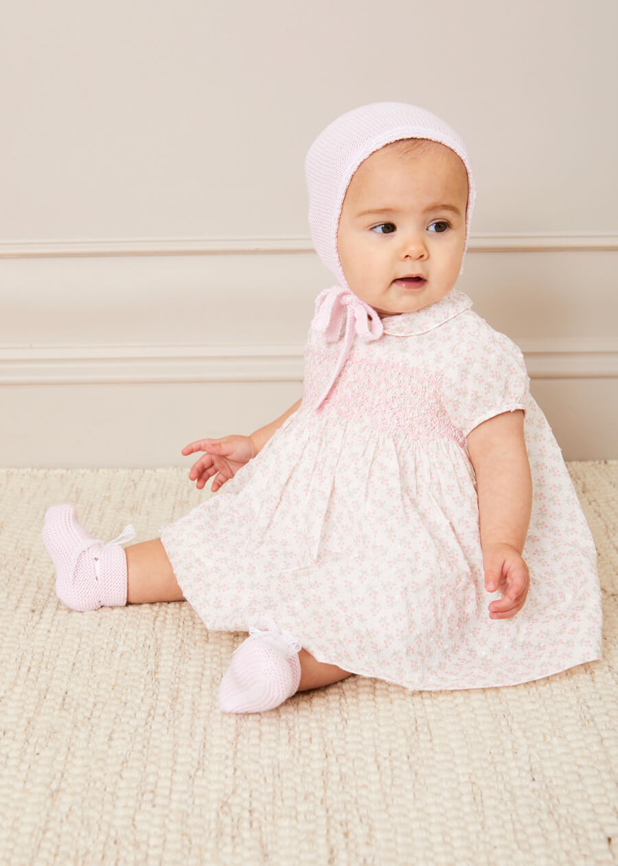 Tilly Floral Print Peter Pan Collar Short Sleeve Dress in Pink (1-6mths) Dresses  from Pepa London
