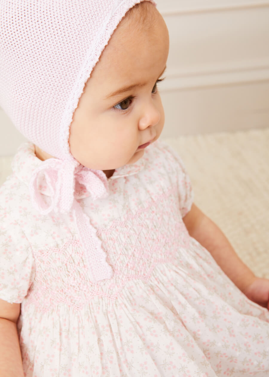 Lace Detail Knitted Bonnet in Pink (1-12mths) Knitted Accessories from Pepa London