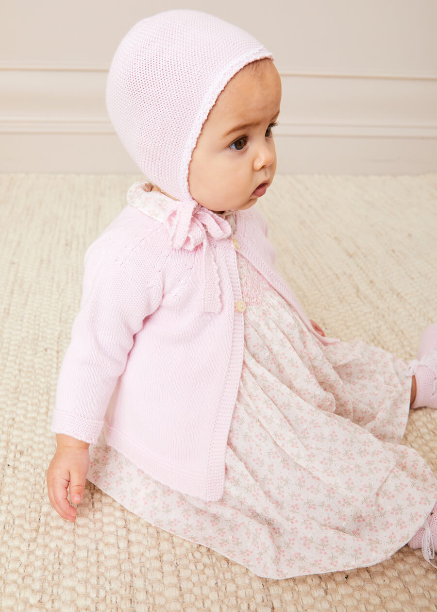 Lace Detail Knitted Bonnet in Pink (1-12mths) Knitted Accessories from Pepa London