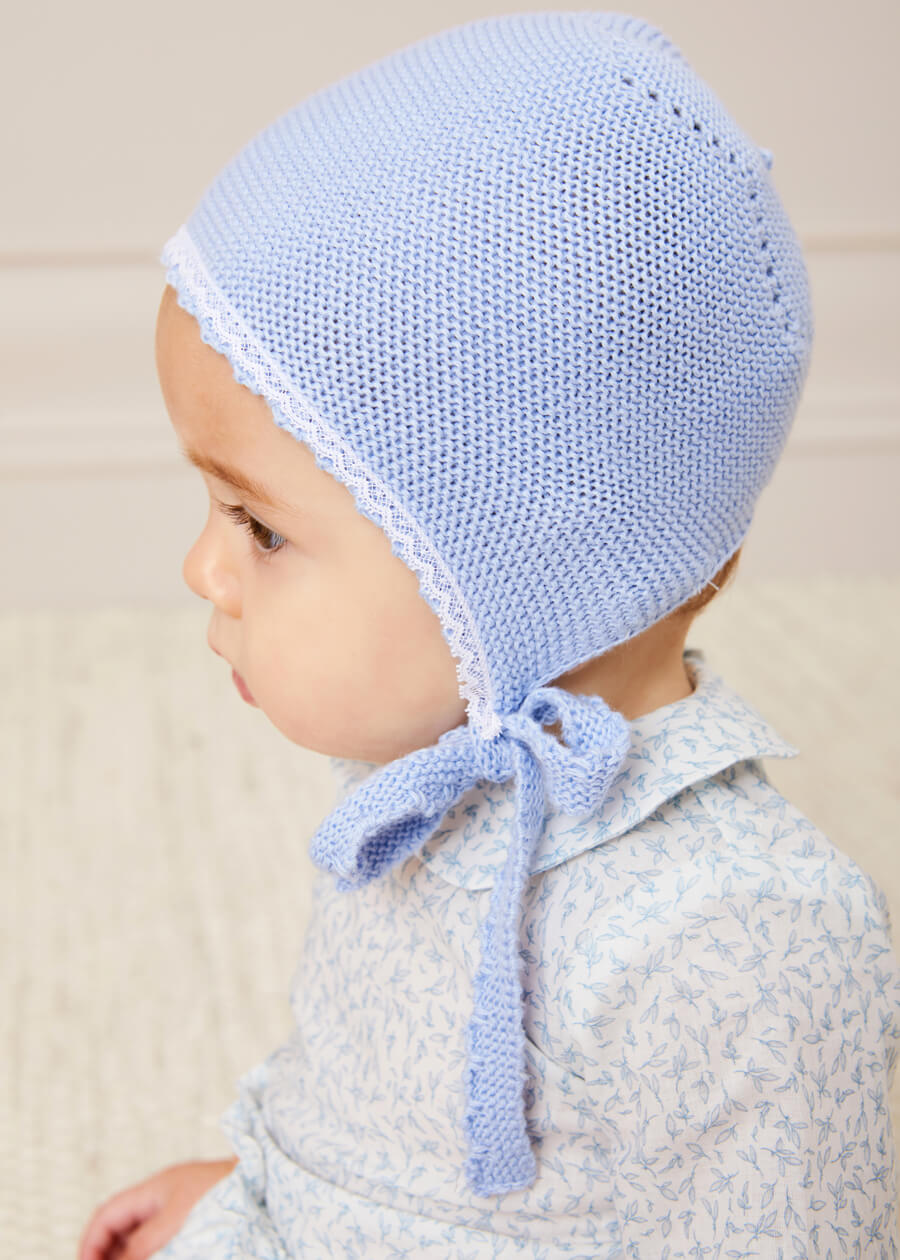 Lace Detail Knitted Bonnet in Blue (1-6mths) Knitted Accessories  from Pepa London