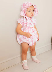 Audrey Hand Smocked Double Breasted Short Sleeve Romper in Pink (6mths-2yrs) ROMPERS from Pepa London