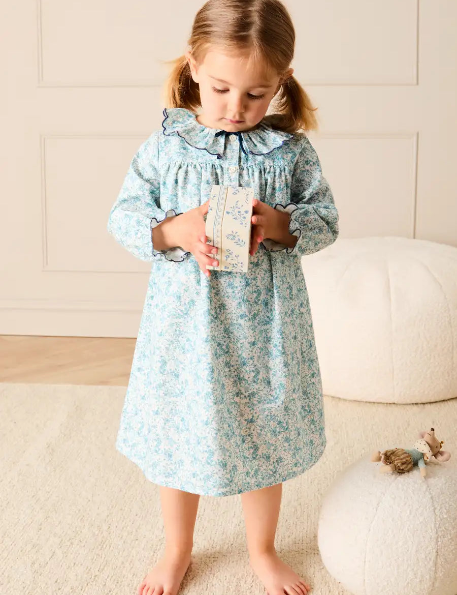 Maisie Floral Frill Collar Long Sleeve Night Dress in Blue (2-8yrs) Nightwear from Pepa London
