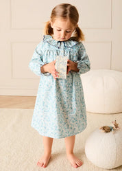 Maisie Floral Frill Collar Long Sleeve Night Dress in Blue (2-8yrs) Nightwear from Pepa London