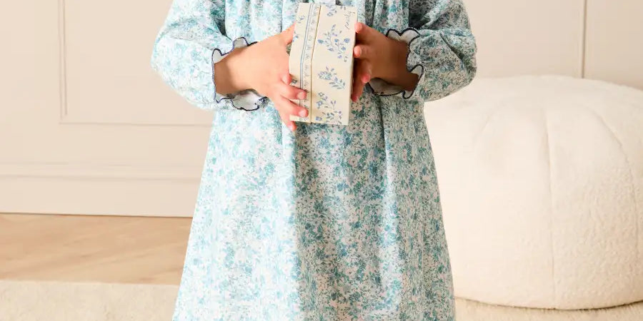 Maisie Floral Frill Collar Long Sleeve Night Dress in Blue (2-8yrs) Nightwear from Pepa London